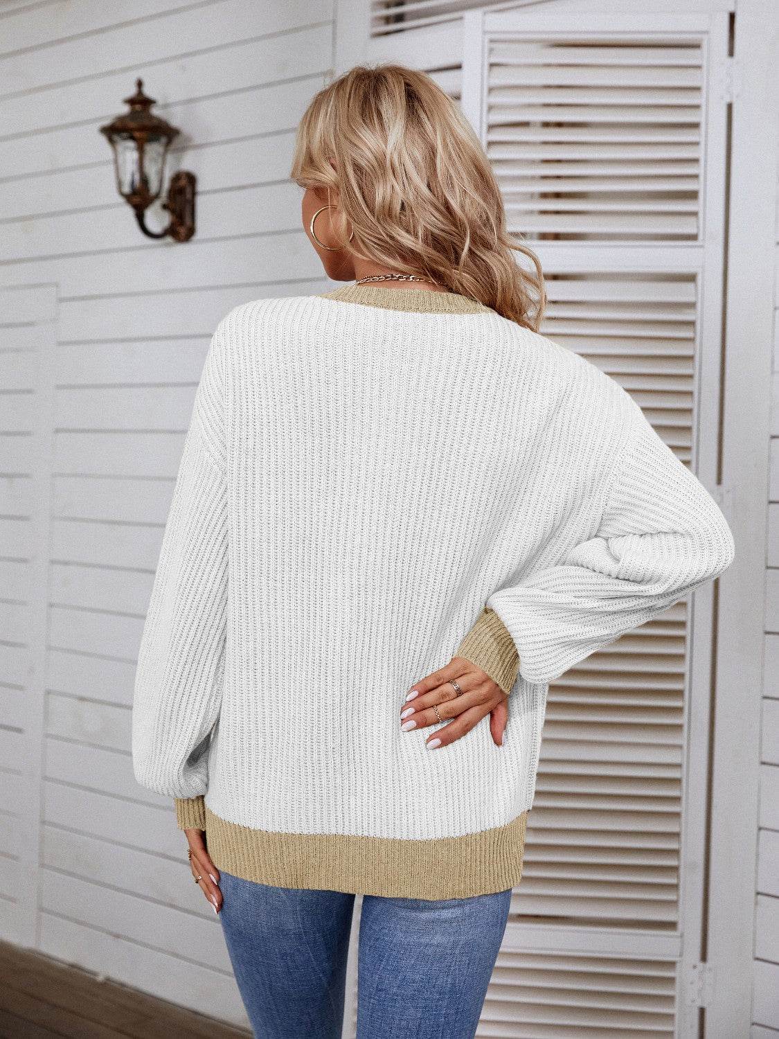 Decorative Button Round Neck Sweater - Delanoir