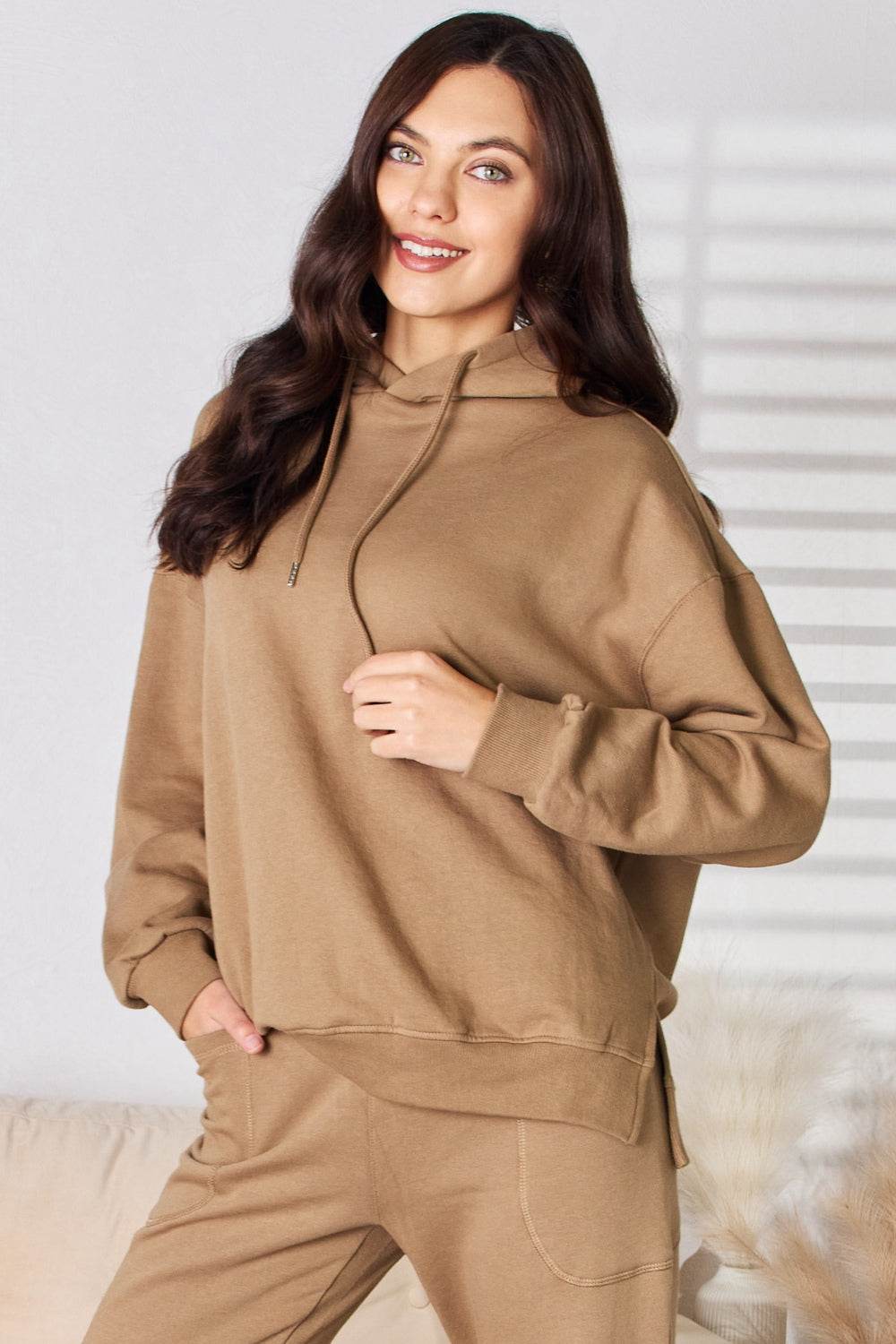 RISEN Drawstring Drop Shoulder Long Sleeve Hoodie - Delanoir