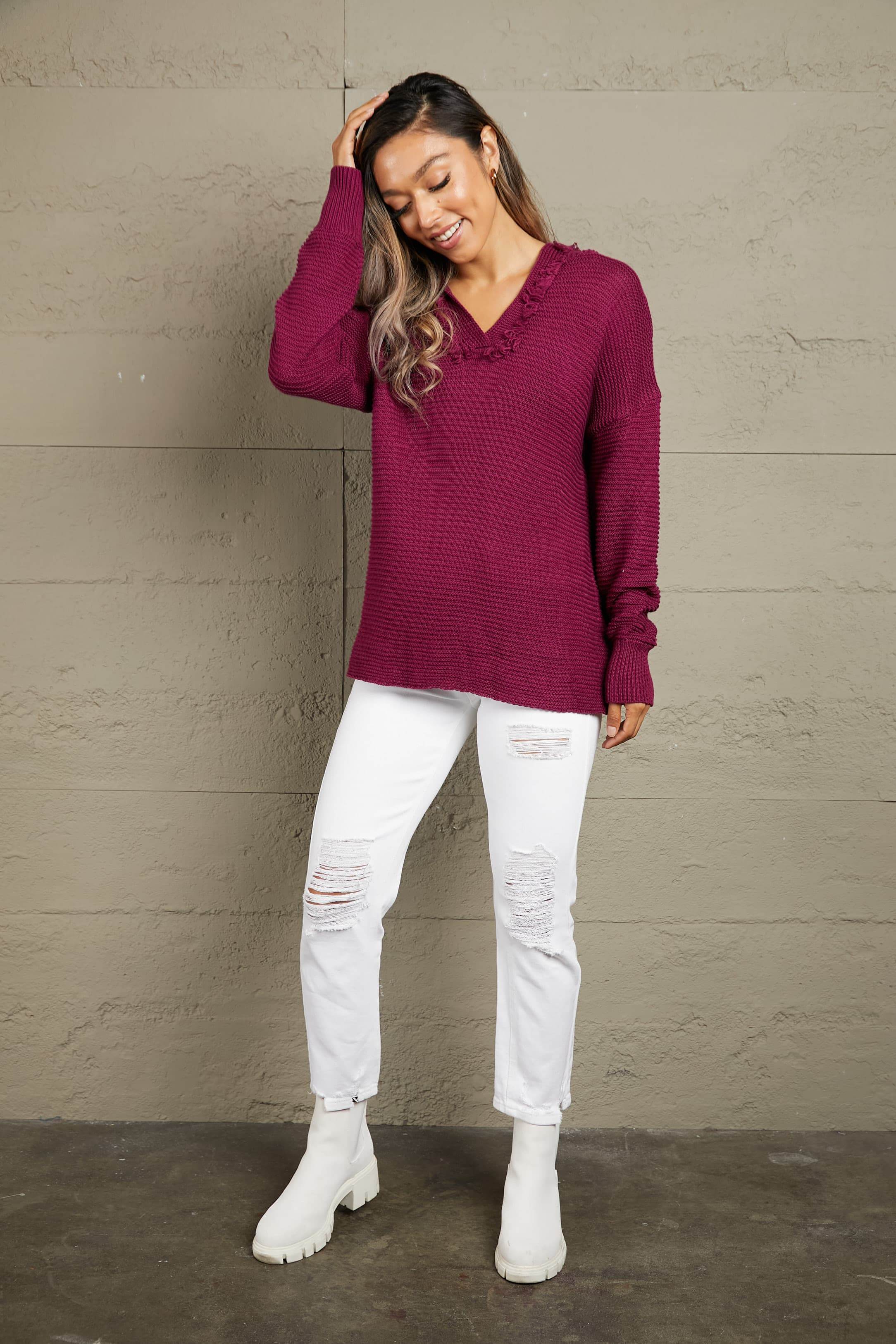 Woven Right Horizontal Ribbing Fringe Trim Hooded Sweater - Delanoir