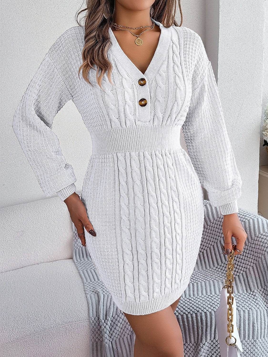 Buttoned Cable-Knit V-Neck Sweater Dress - Delanoir