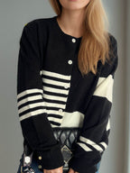 Striped Color Block Round Neck Cardigan - Delanoir