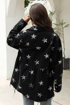 Collared Neck Star Print Long Sleeve Denim Jacket - Delanoir