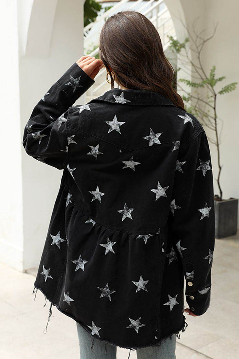 Collared Neck Star Print Long Sleeve Denim Jacket - Delanoir