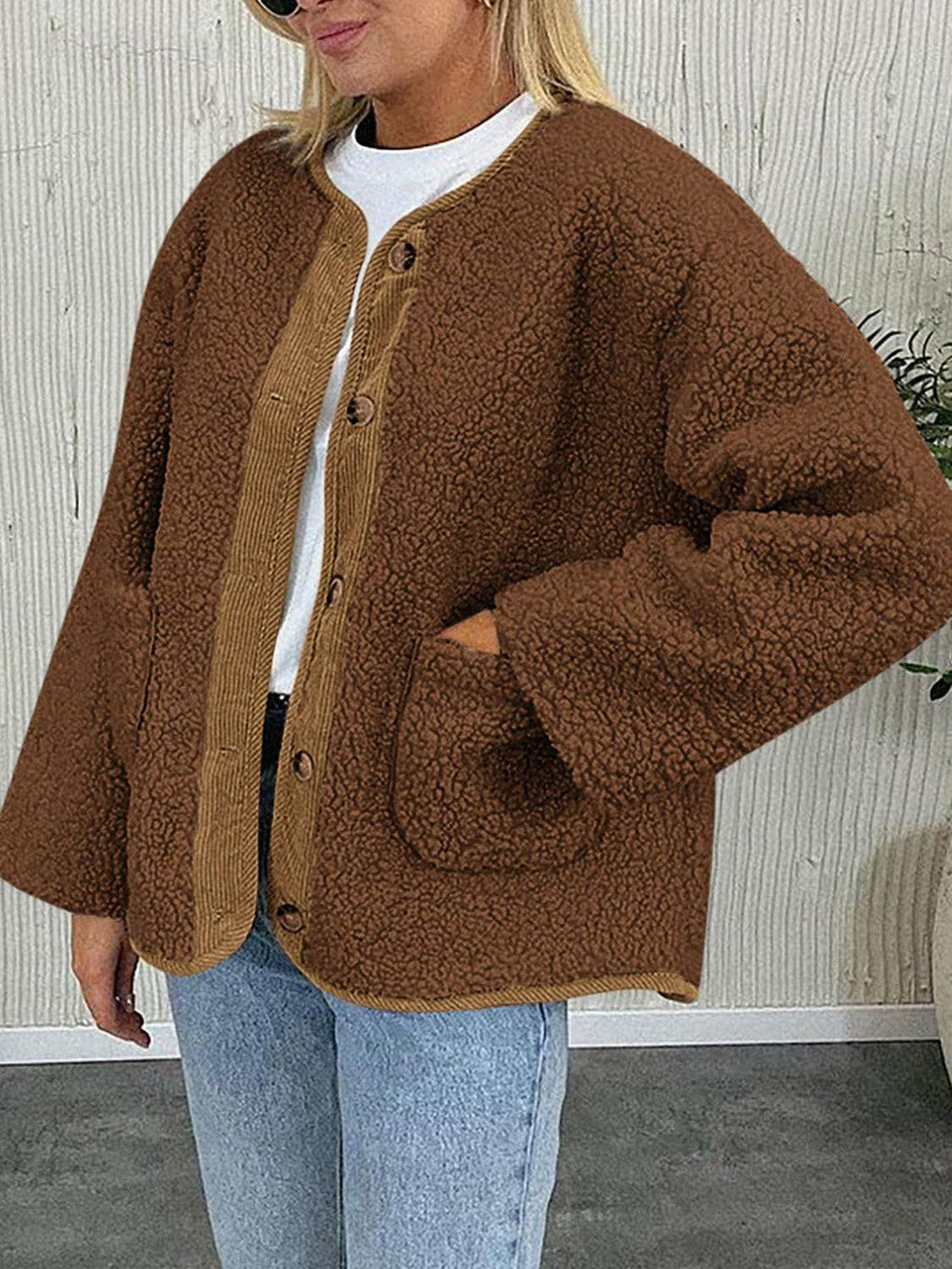 Contrast Button Up Sherpa Jacket with Pockets - Delanoir