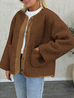Contrast Button Up Sherpa Jacket with Pockets - Delanoir