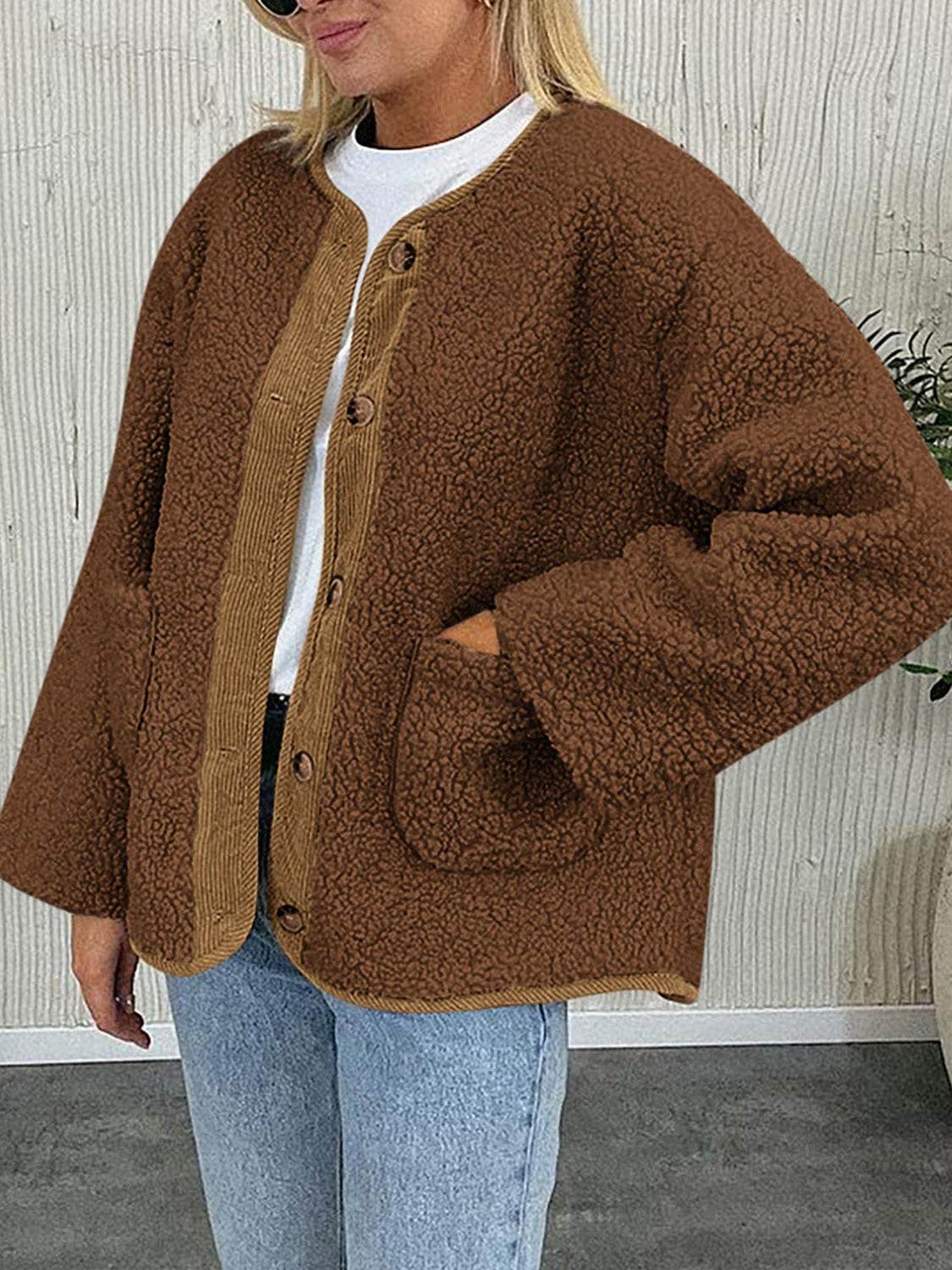 Contrast Button Up Sherpa Jacket with Pockets - Delanoir