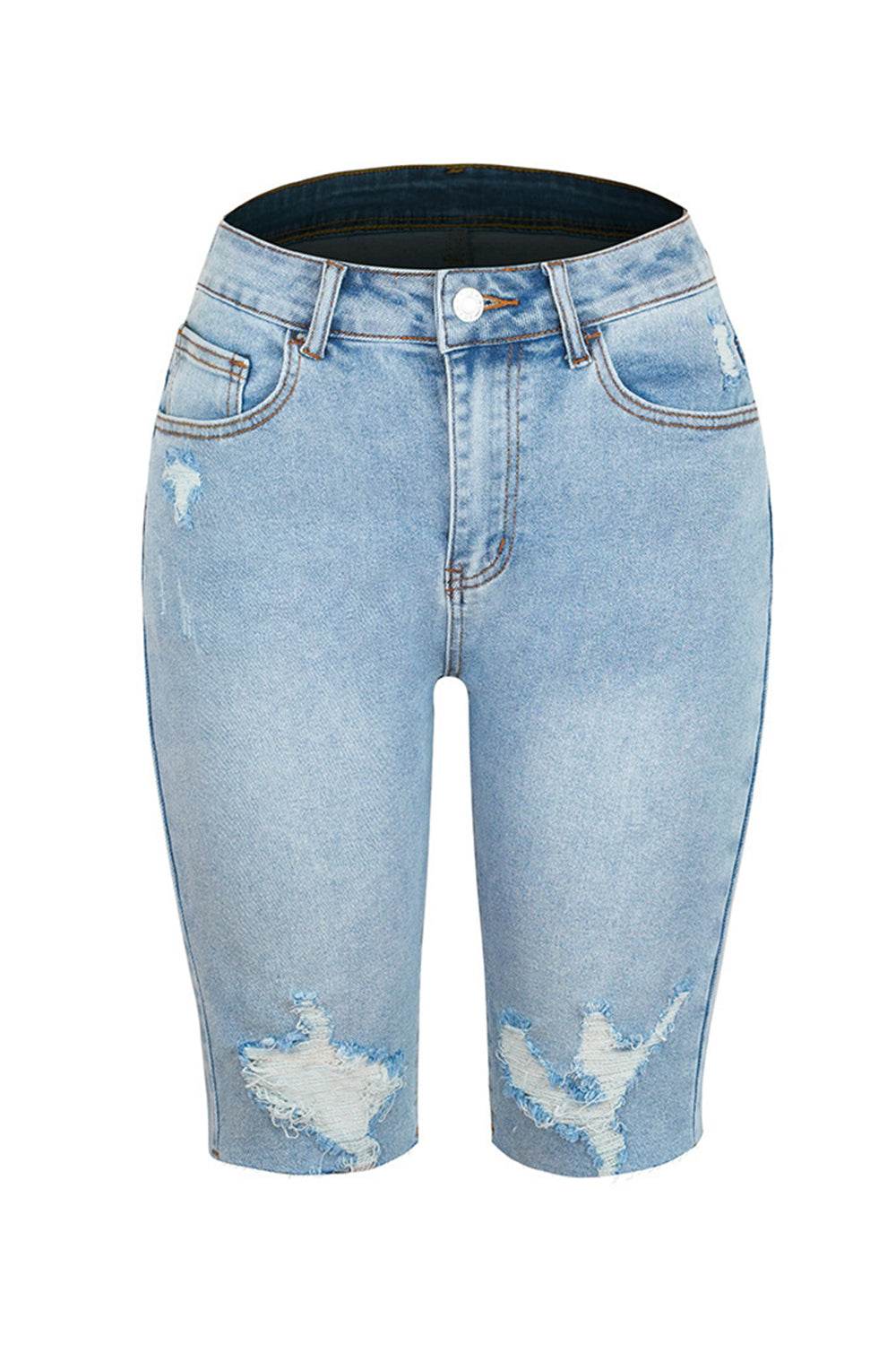 Distressed Pocketed Denim Shorts - Delanoir