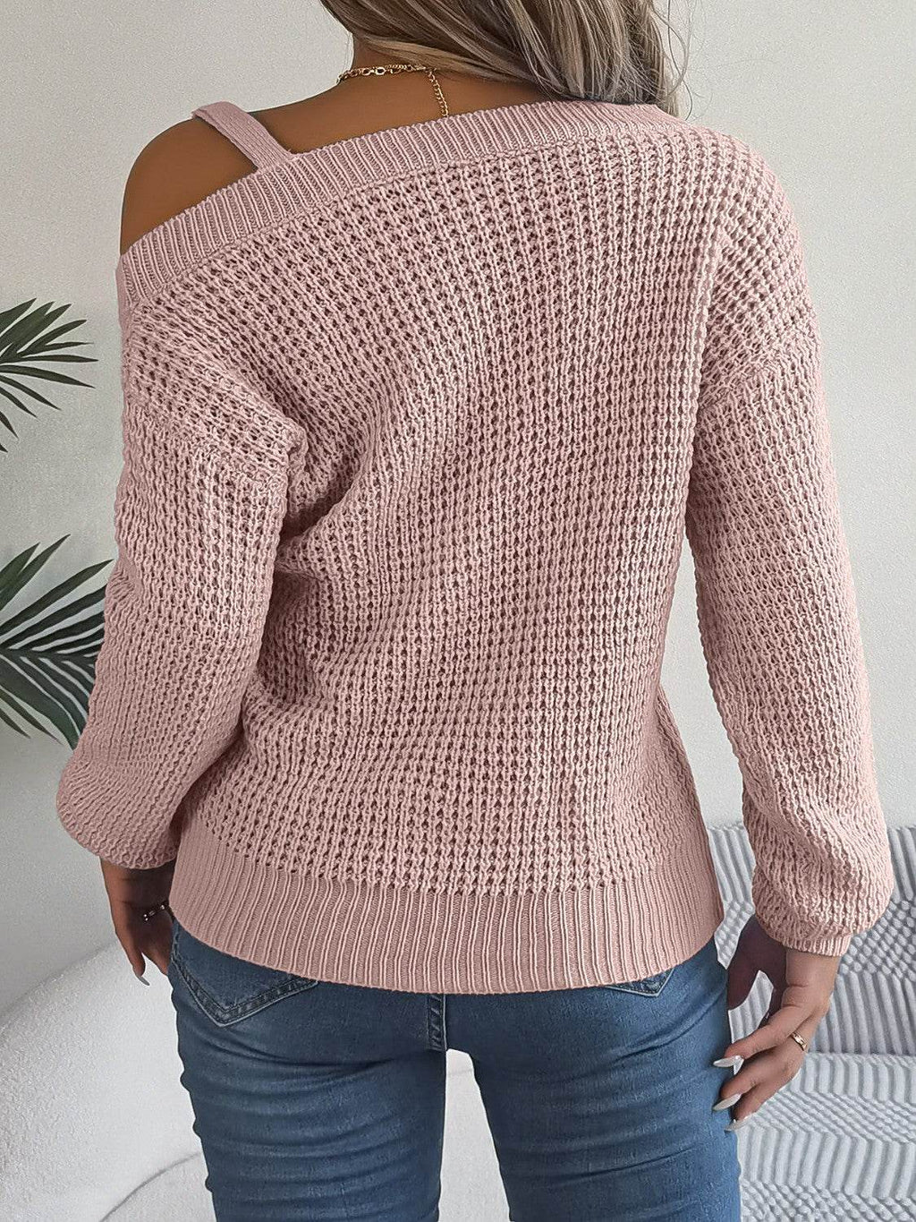 Asymmetrical Neck Long Sleeve Sweater - Delanoir