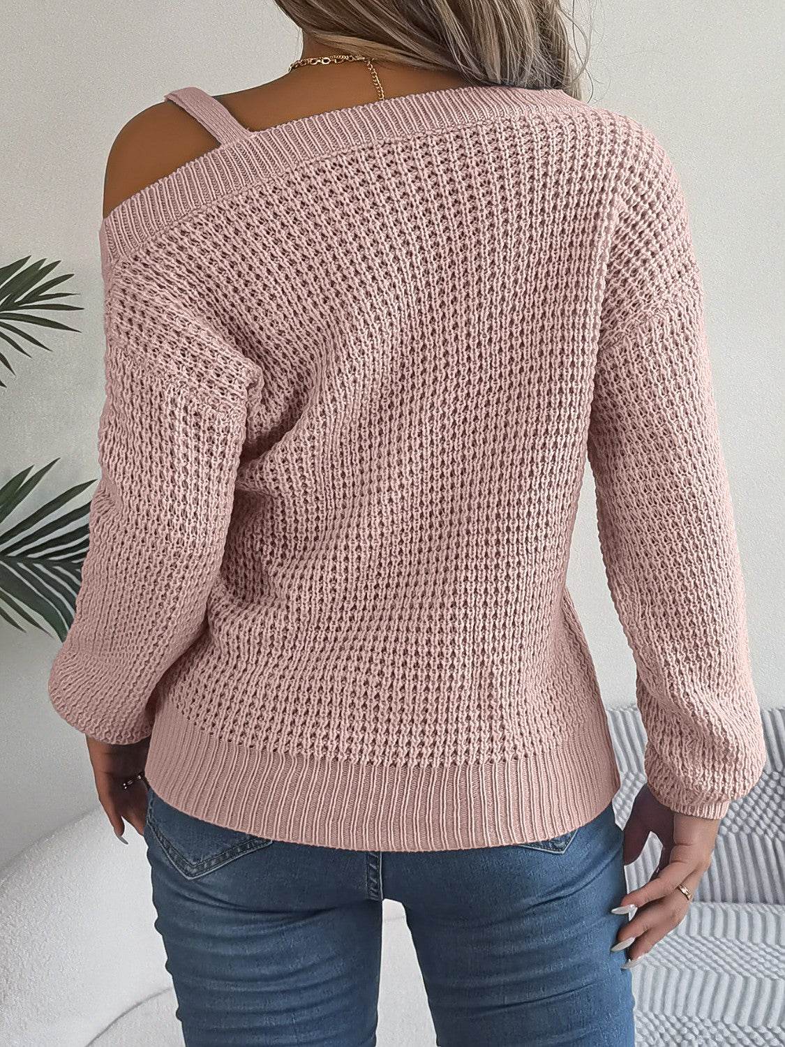 Asymmetrical Neck Long Sleeve Sweater - Delanoir