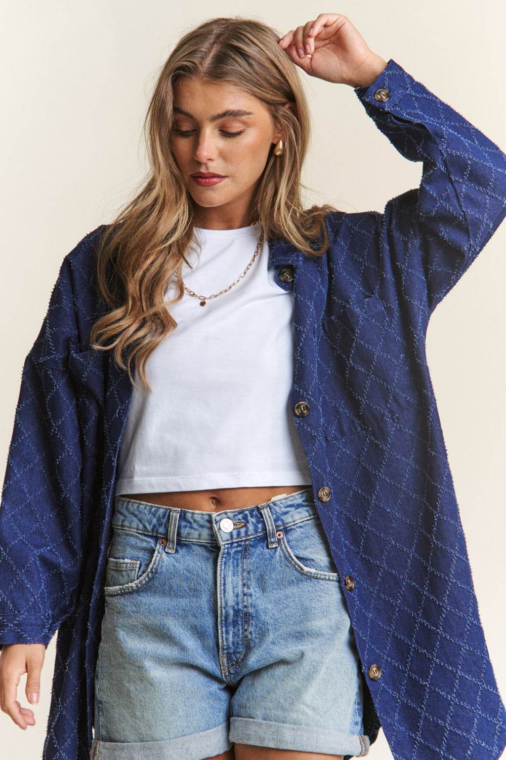 J.NNA Rhombus Stitched Button Up Denim Shacket - Delanoir