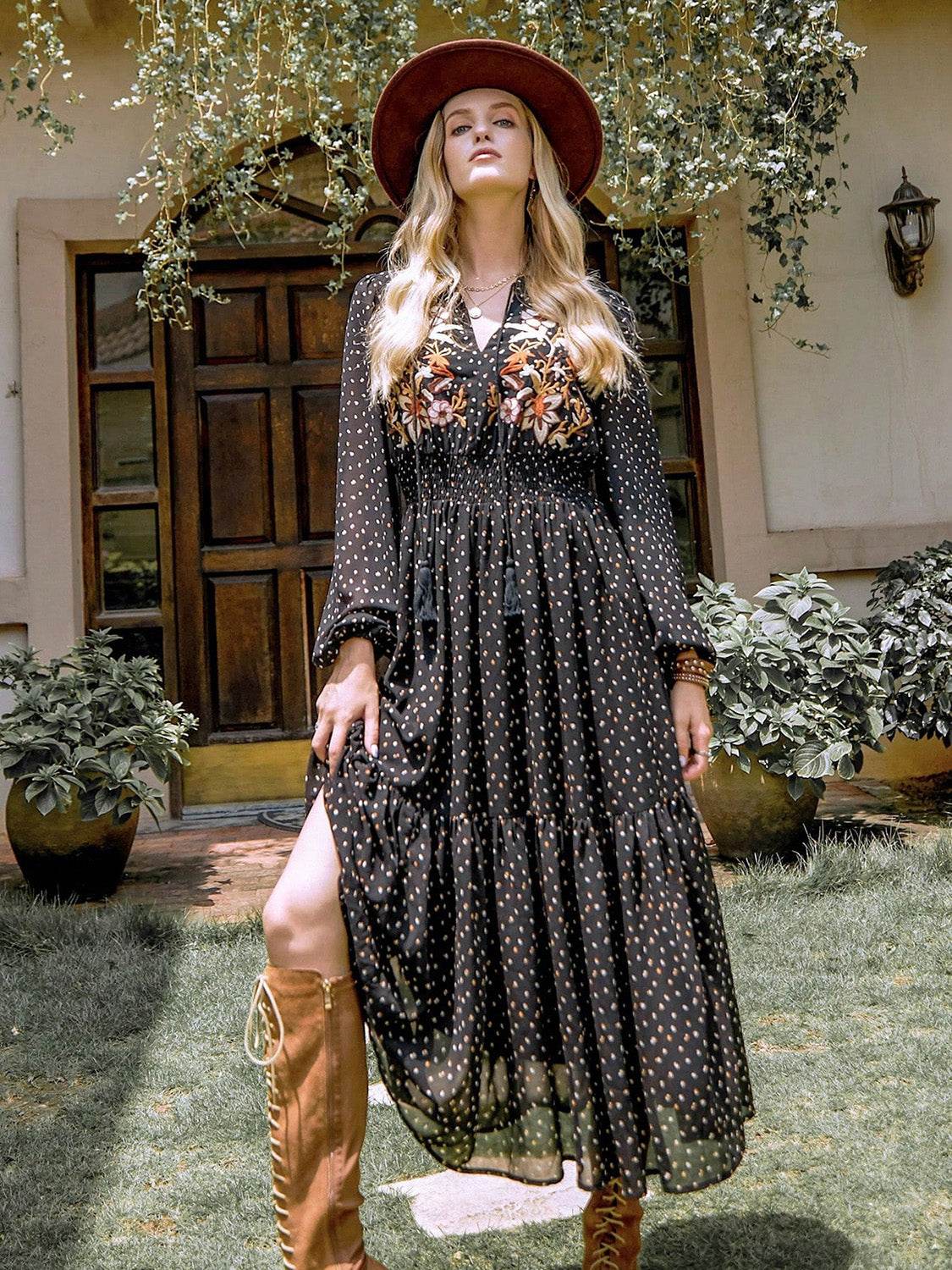 Embroidered Polka Dot Tie Neck Long Sleeve Midi Dress - Delanoir