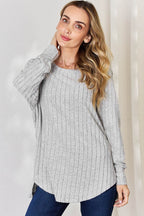 Basic Bae Full Size Ribbed Round Neck Slit T-Shirt - Delanoir