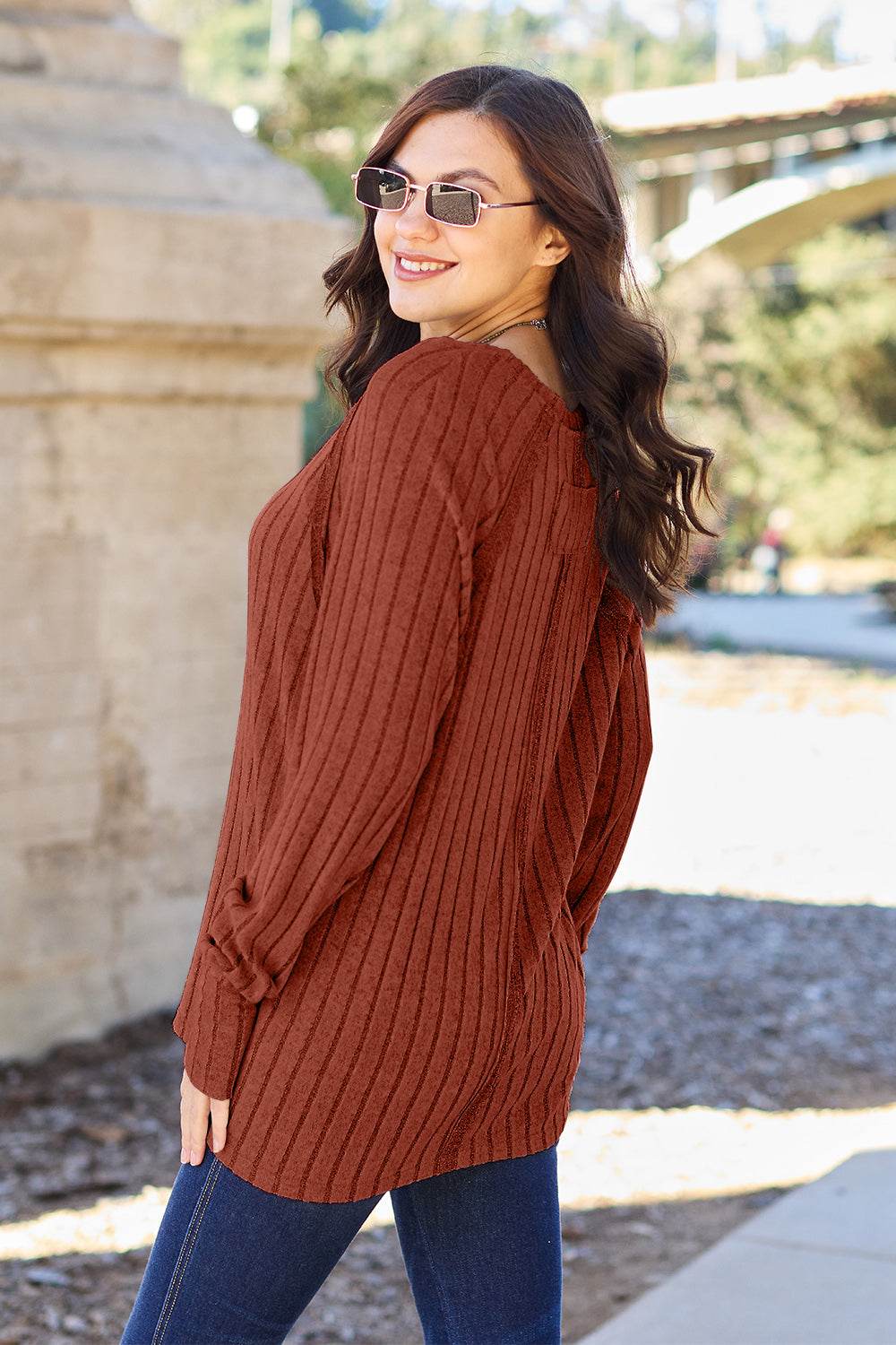 Basic Bae Full Size Ribbed Round Neck Long Sleeve Knit Top - Delanoir