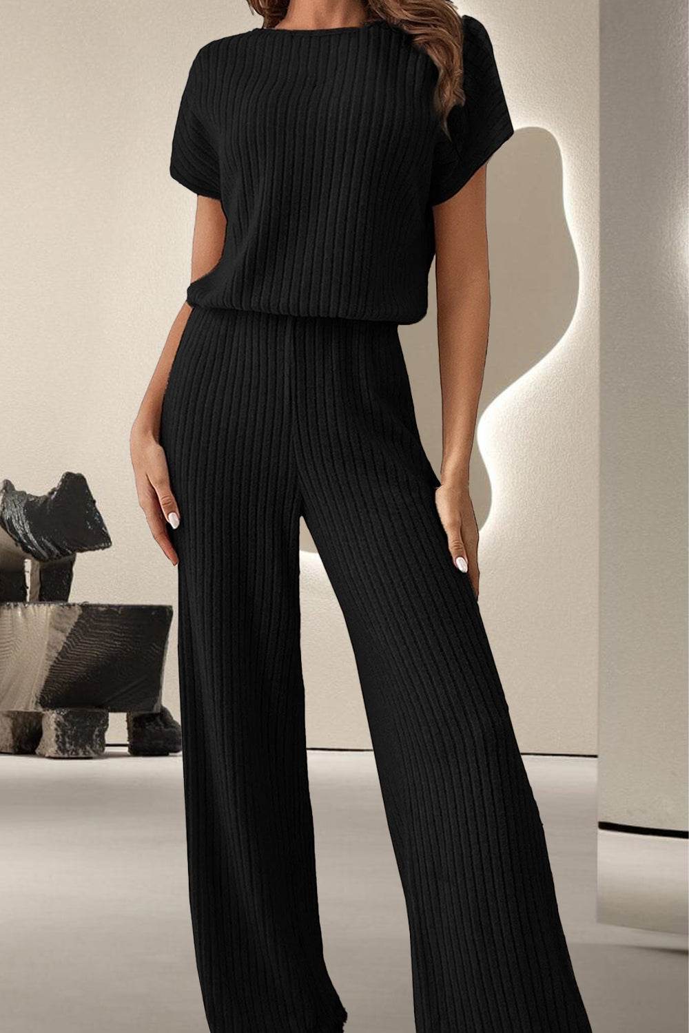 Round Neck Short Sleeve Jumpsuit - Delanoir