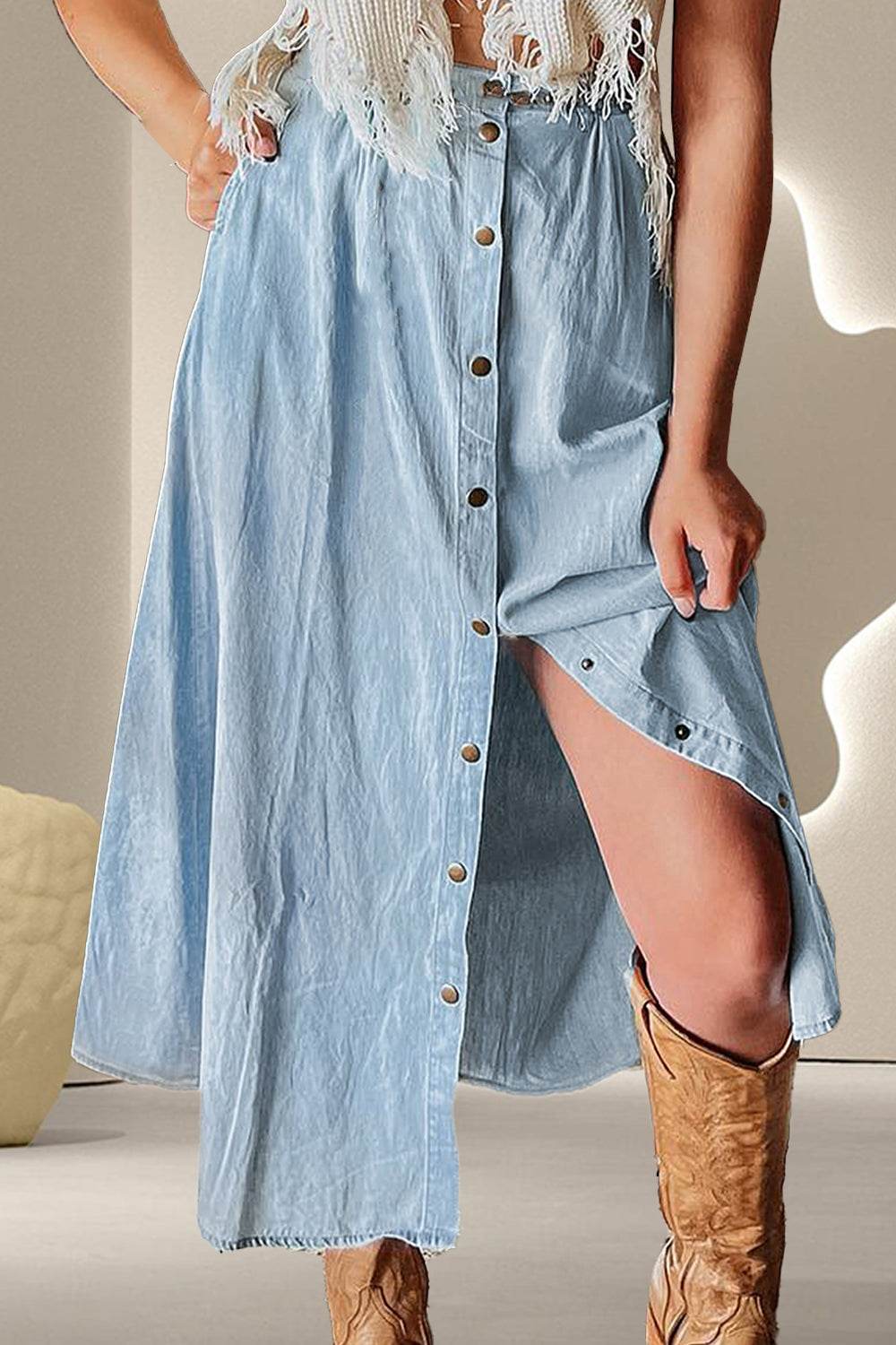 Snap Down High Waist Denim Skirt - Delanoir