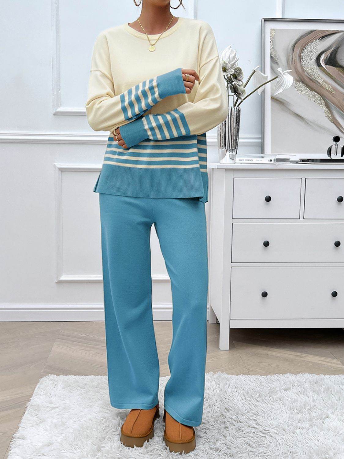 Devine Slit Striped Round Neck Top and Pants Sweater Set - Delanoir