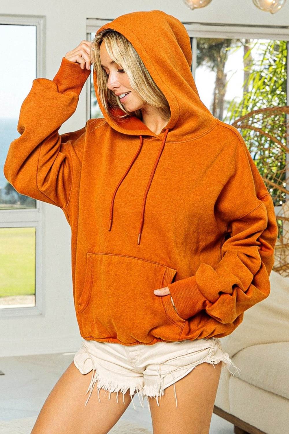 BiBi Ruched Long Sleeve Washed Fleece Hoodie - Delanoir
