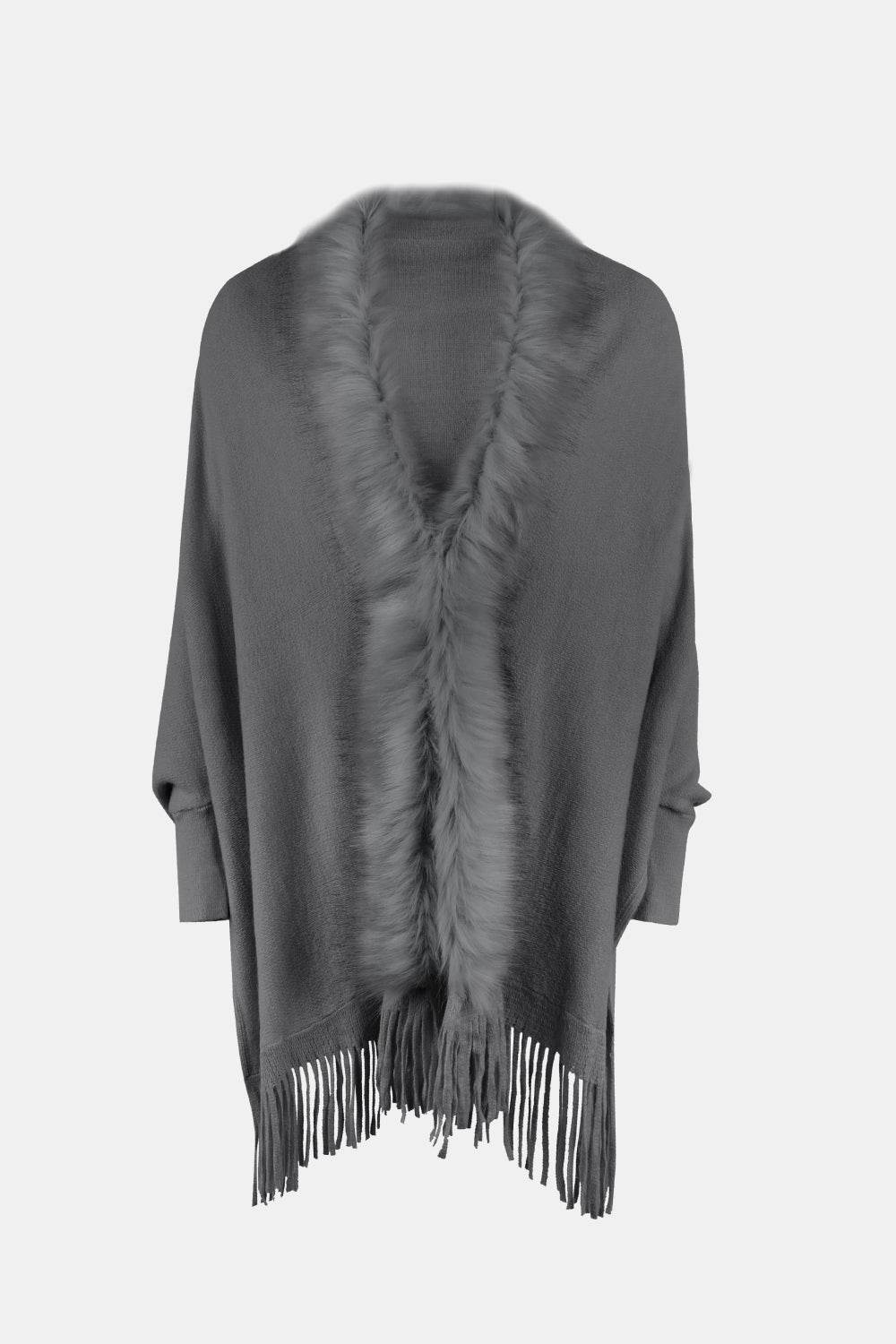Fringe Open Front Long Sleeve Poncho - Delanoir