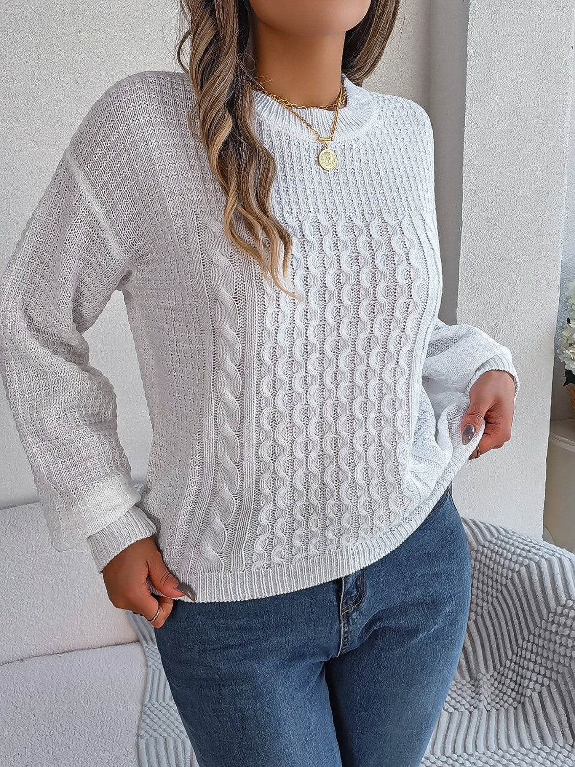 Cable-Knit Round Neck Long Sleeve Sweater - Delanoir