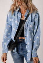 Raw Hem Star Collared Neck Denim Top - Delanoir