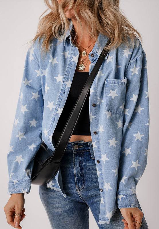 Raw Hem Star Collared Neck Denim Top - Delanoir