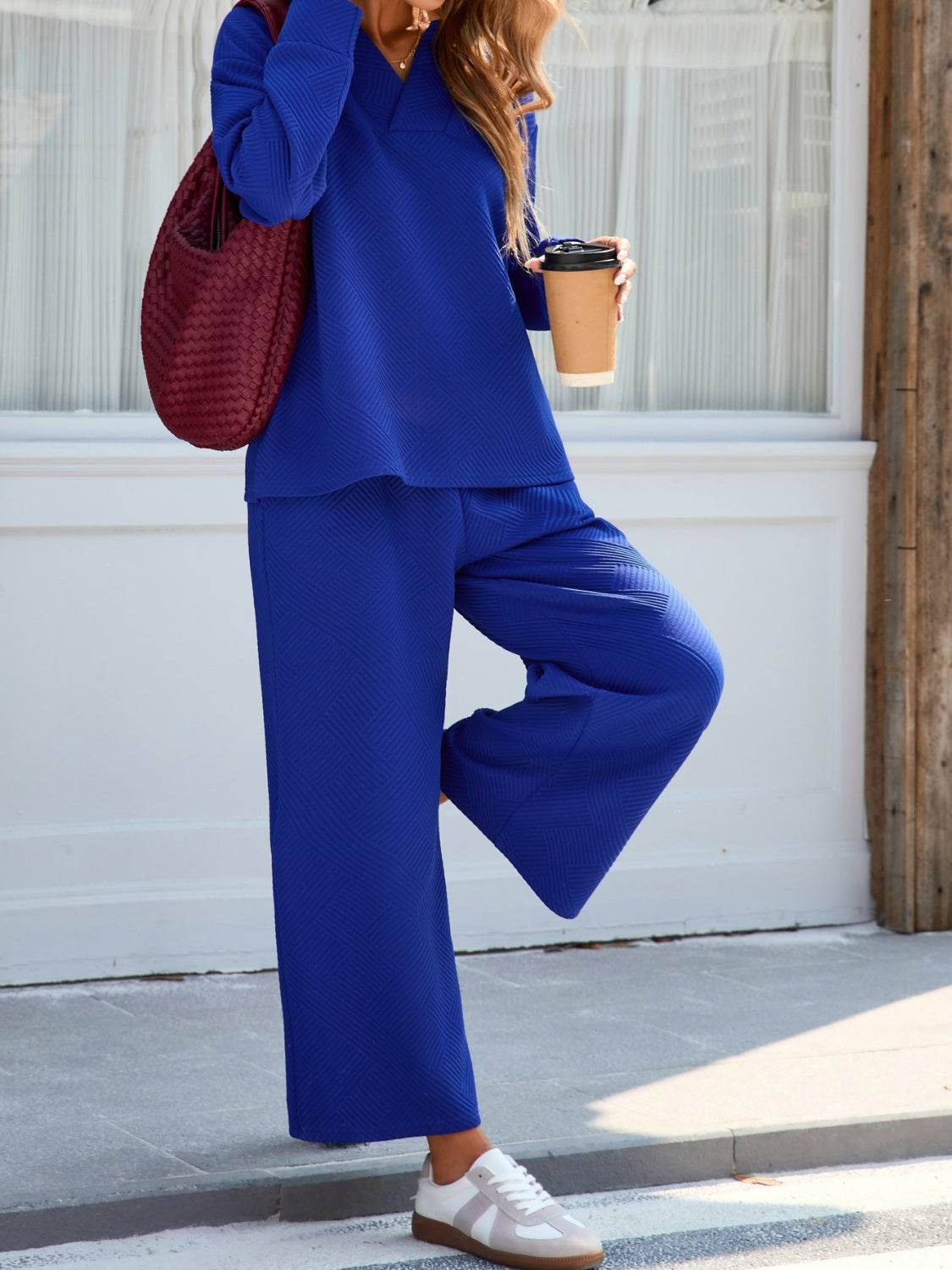 Johnny Collar Long Sleeve Top and Wide Leg Pants Set - Delanoir