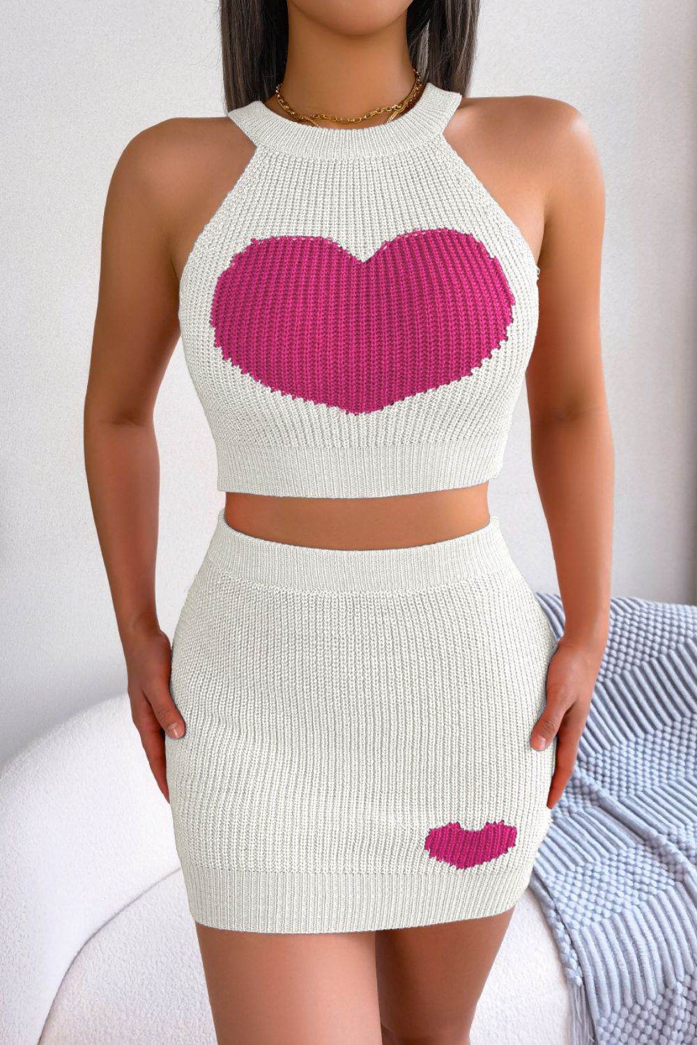 Heart Contrast Ribbed Sleeveless Knit Top and Skirt Set - Delanoir