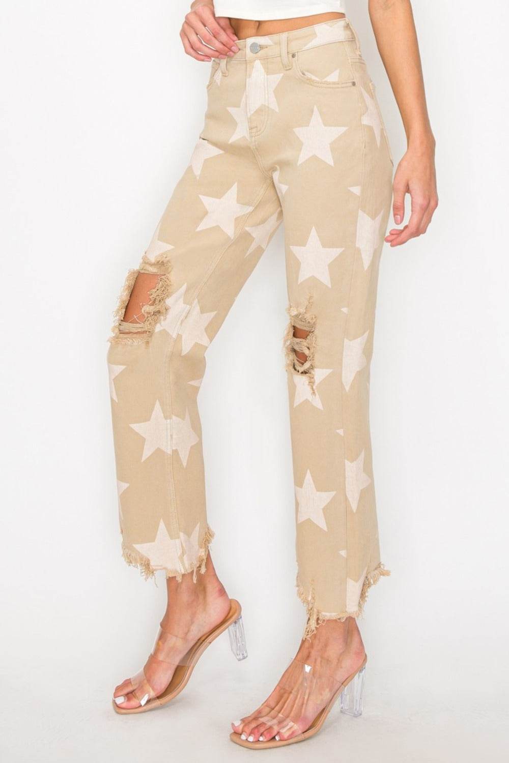 RISEN Full Size High Rise Star Printed Frayed Hem Jeans - Delanoir