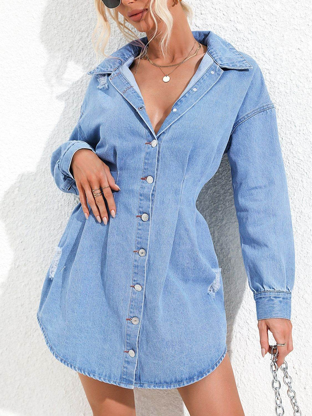 Distressed Button Up Long Sleeve Denim Dress - Delanoir