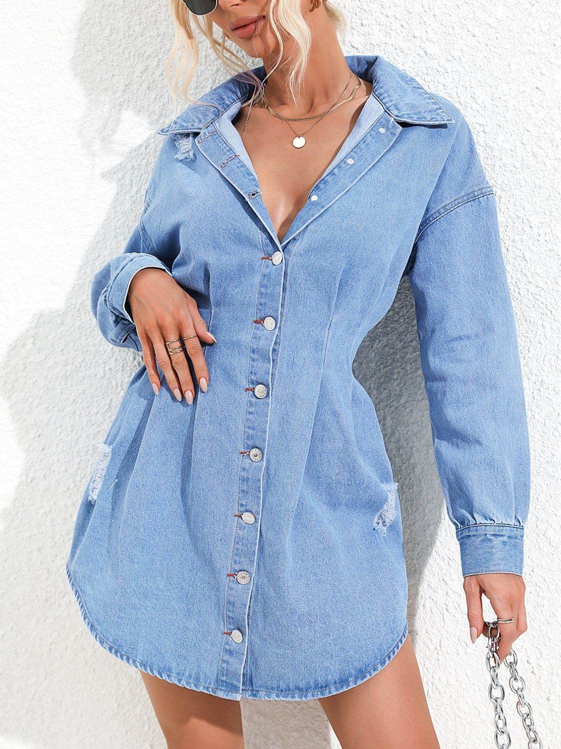 Distressed Button Up Long Sleeve Denim Dress - Delanoir