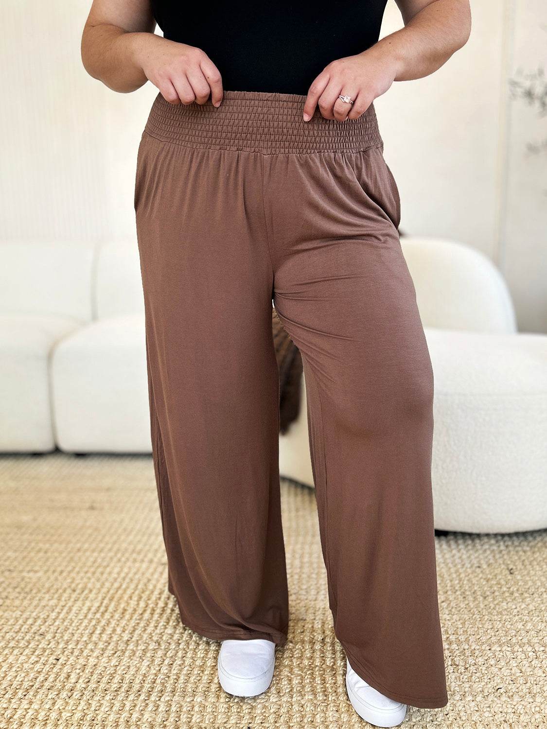 Double Take Full Size Smocked Wide Waistband Wide Leg Pants - Delanoir