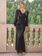 Sequin V-Neck Lantern Sleeve Maxi Dress - Delanoir
