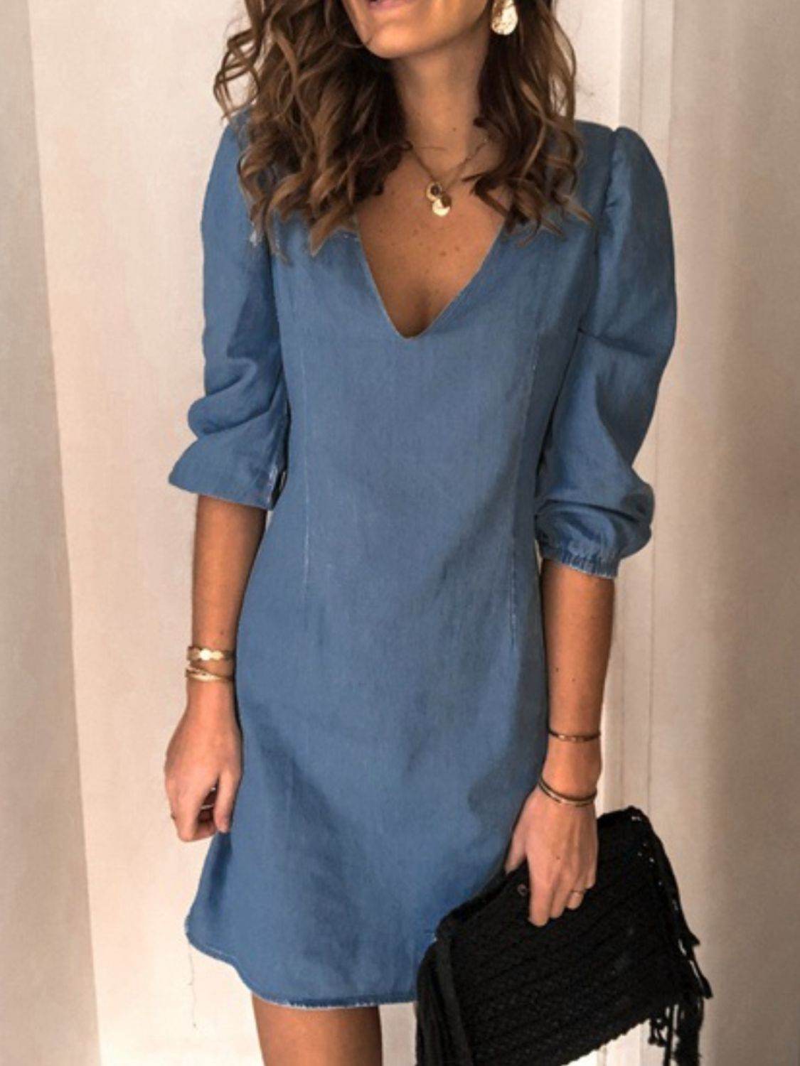 Full Size V-Neck Half Sleeve Dress - Delanoir