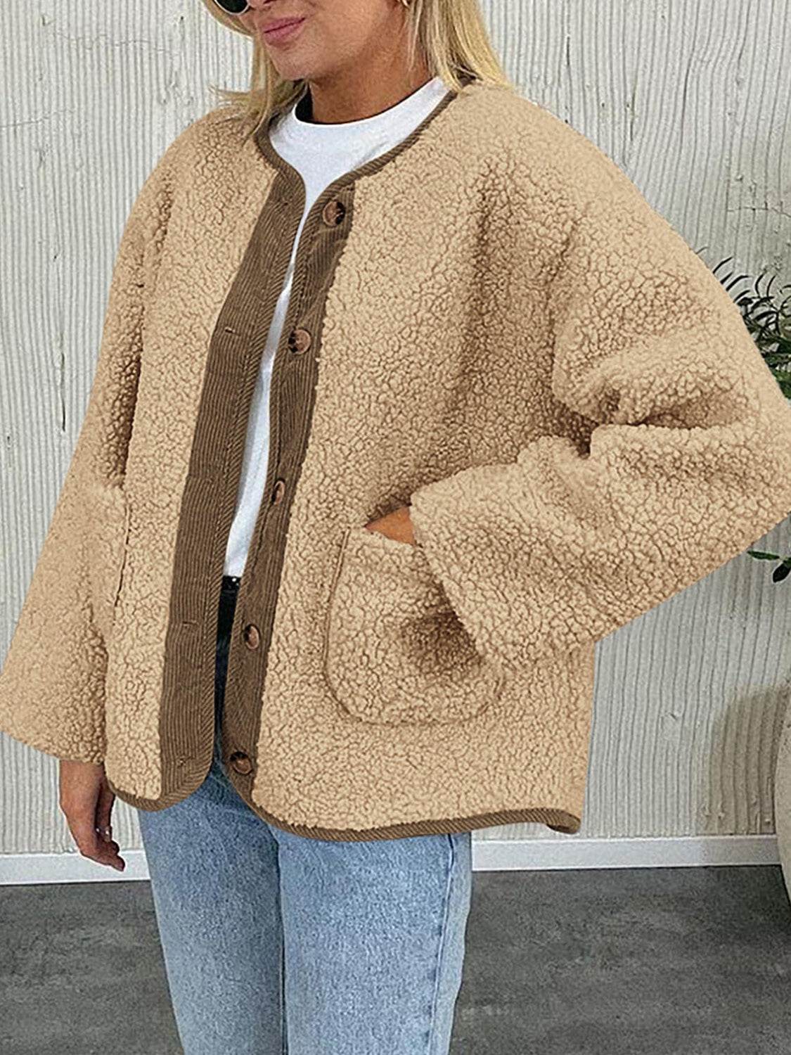 Contrast Button Up Sherpa Jacket with Pockets - Delanoir