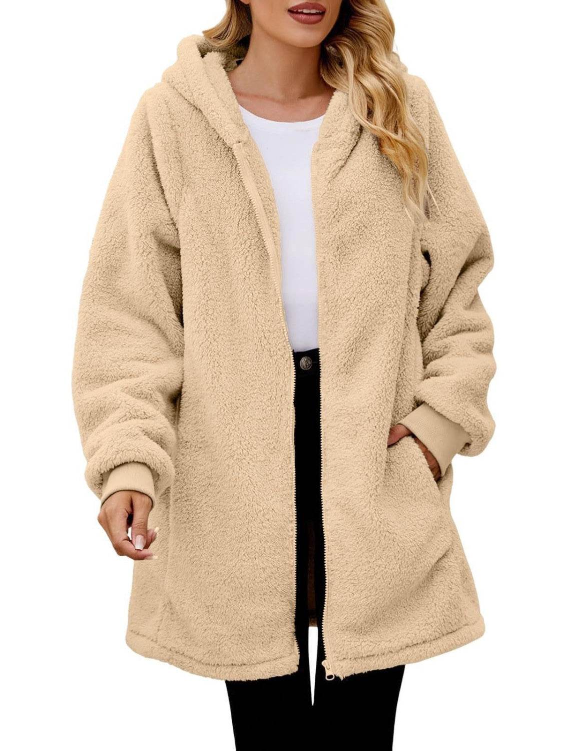Fuzzy Pocketed Zip Up Long Sleeve Hooded Jacket - Delanoir