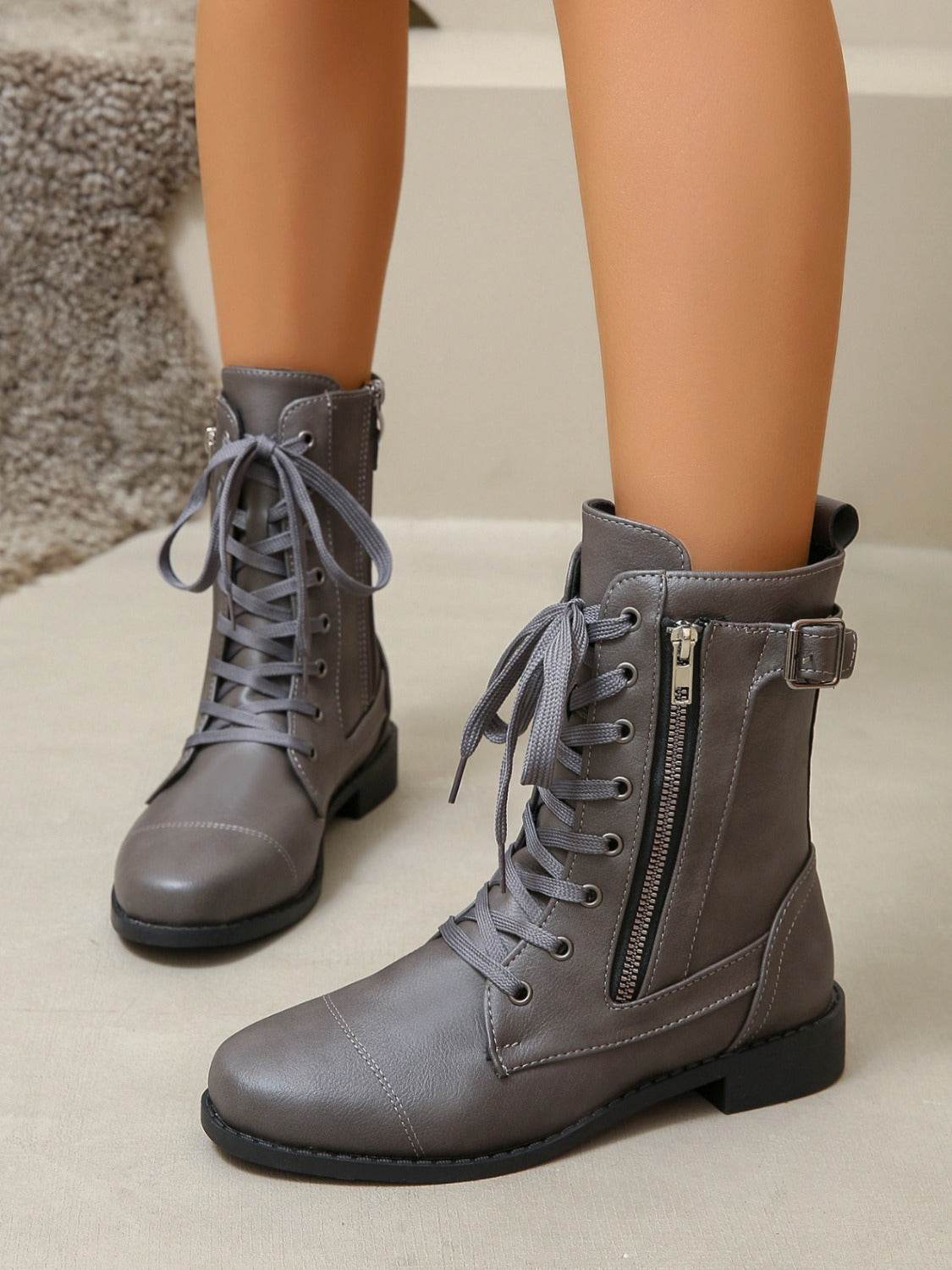 PU Leather Lace-Up Boots - Delanoir