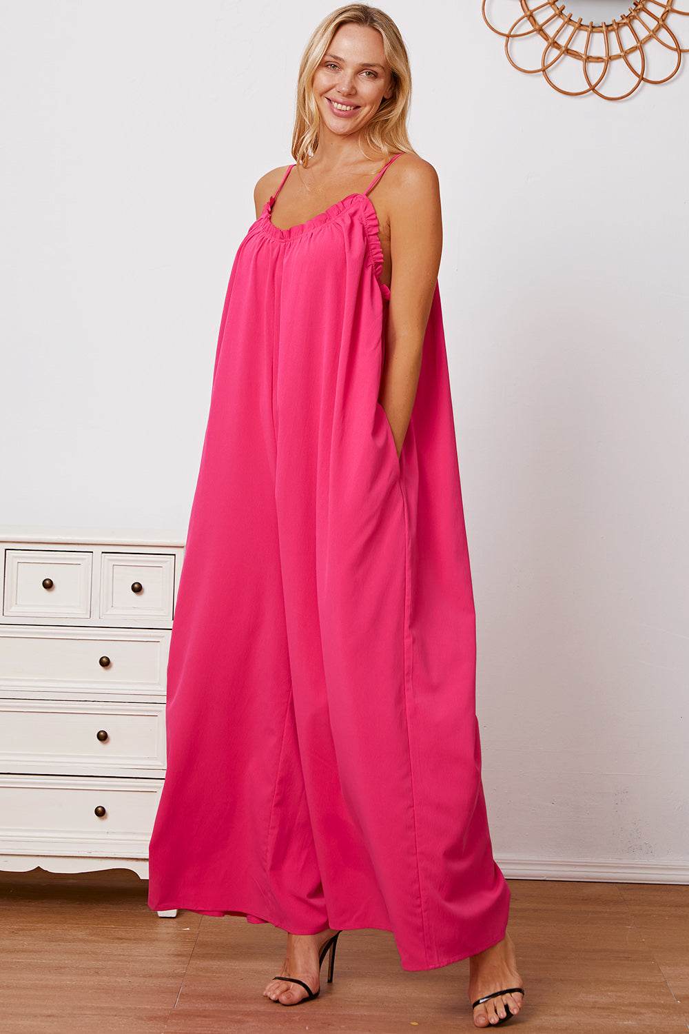 Double Take Full Size Ruffle Trim Tie Back Cami Jumpsuit with Pockets - Delanoir