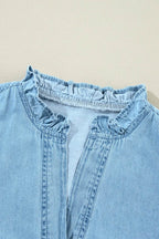Button Up Notched Long Sleeve Denim Dress - Delanoir