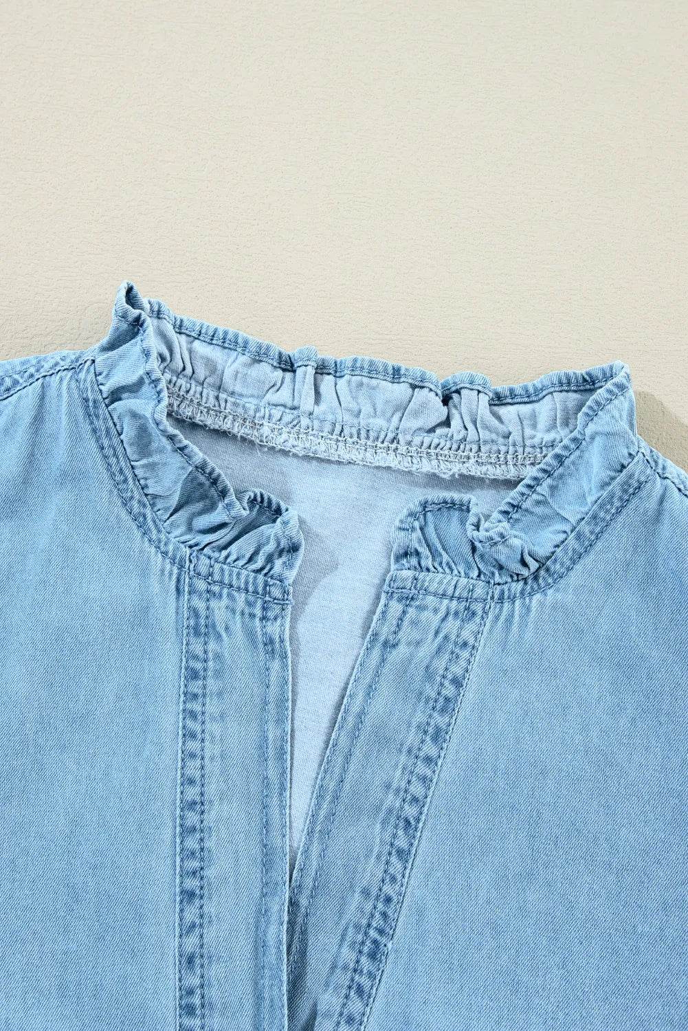 Button Up Notched Long Sleeve Denim Dress - Delanoir