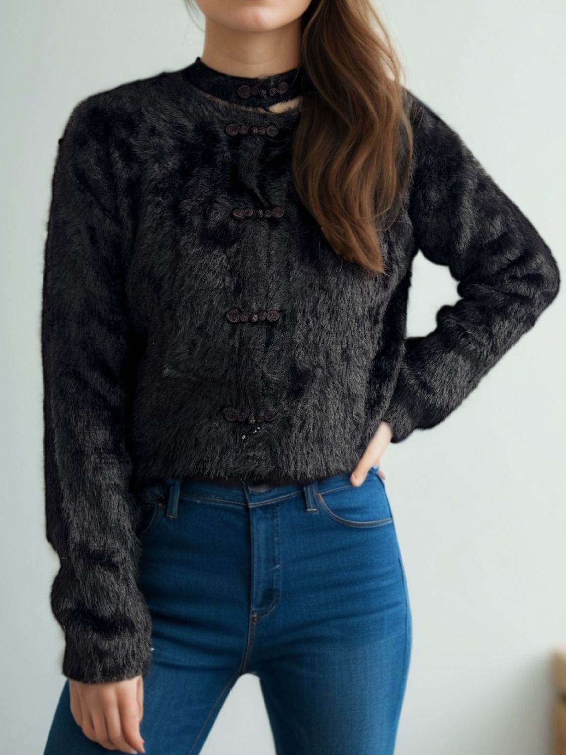 Cutout Knot Button Long Sleeve Cardigan - Delanoir