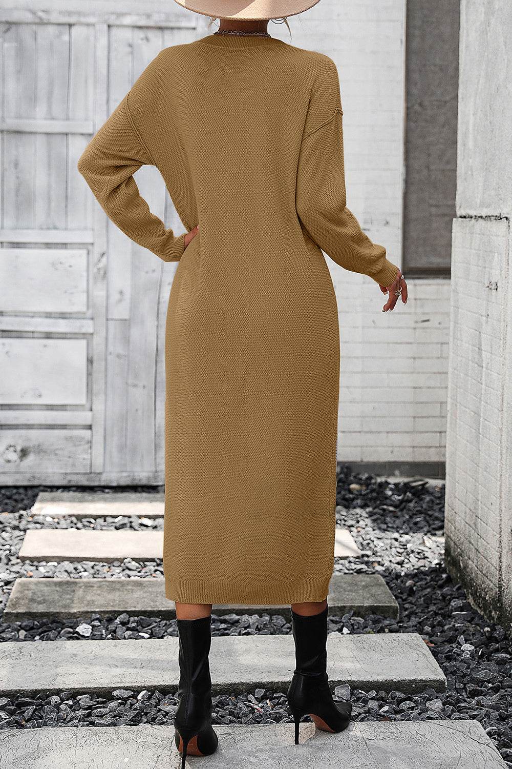 Decorative Button Notched Dropped Shoulder Sweater Dress - Delanoir