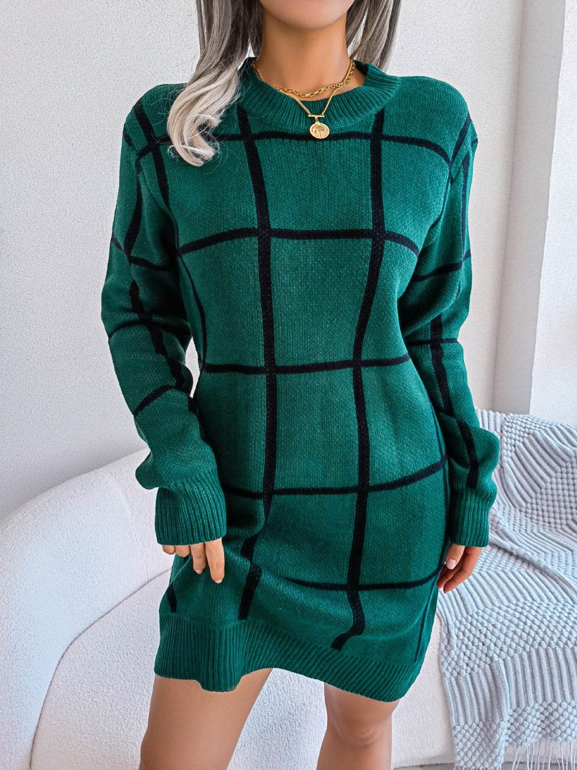 Plaid Round Neck Dropped Shoulder Sweater Dress - Delanoir