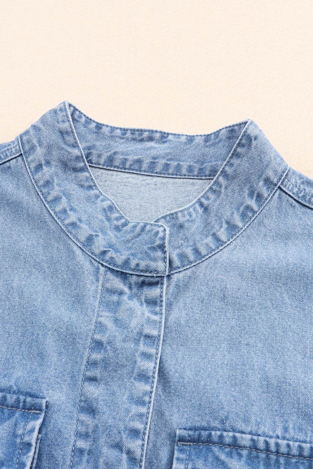 Drawstring Snap Down Denim Jacket with Chest Pockets - Delanoir