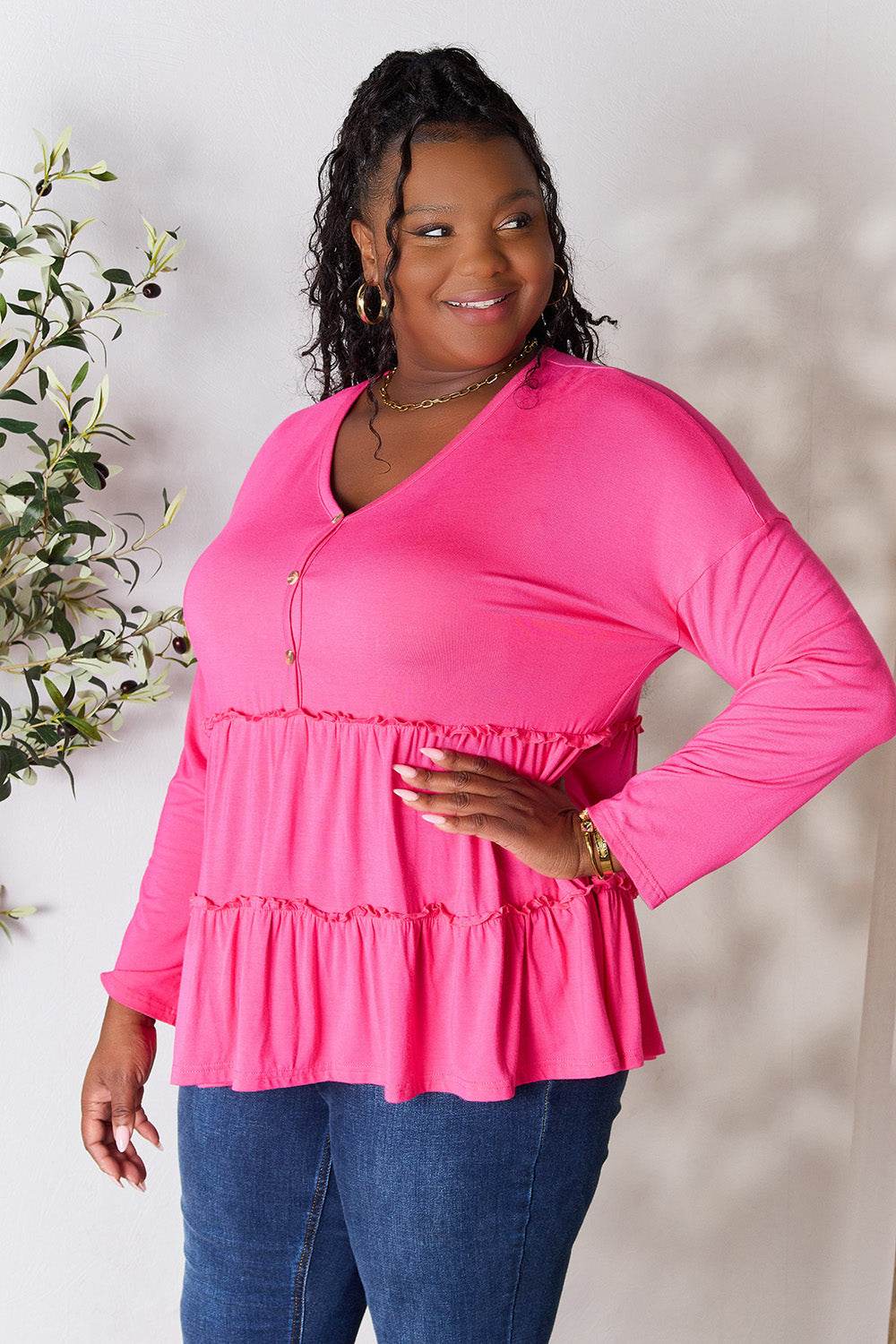 Double Take Half Button Long Sleeve Ruffle Hem Blouse - Delanoir