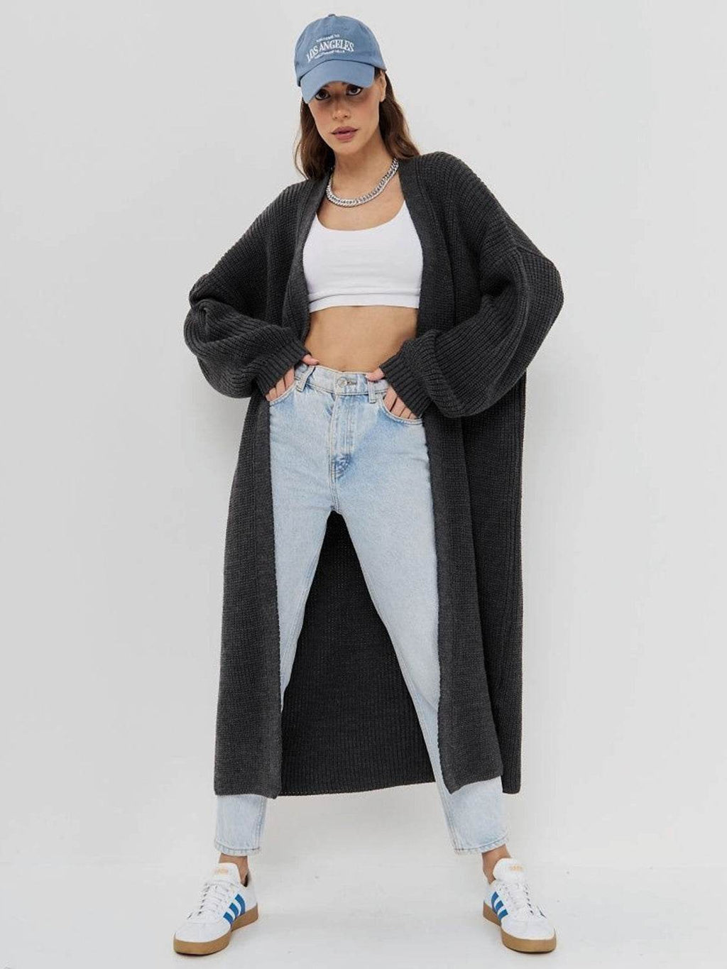 Open Front Long Sleeve Longline Cardigan - Delanoir
