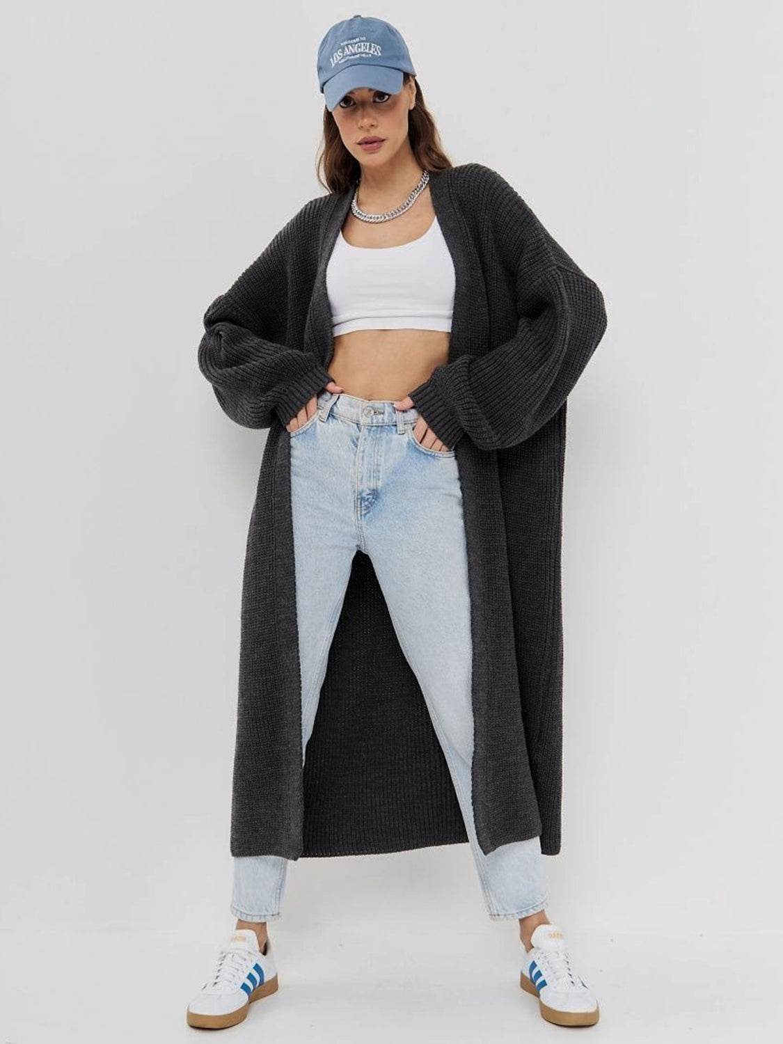 Open Front Long Sleeve Longline Cardigan - Delanoir