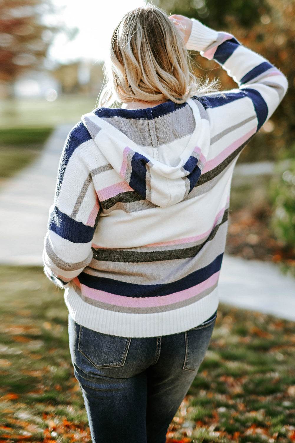 Plus Size Striped Long Sleeve Hooded Sweater - Delanoir