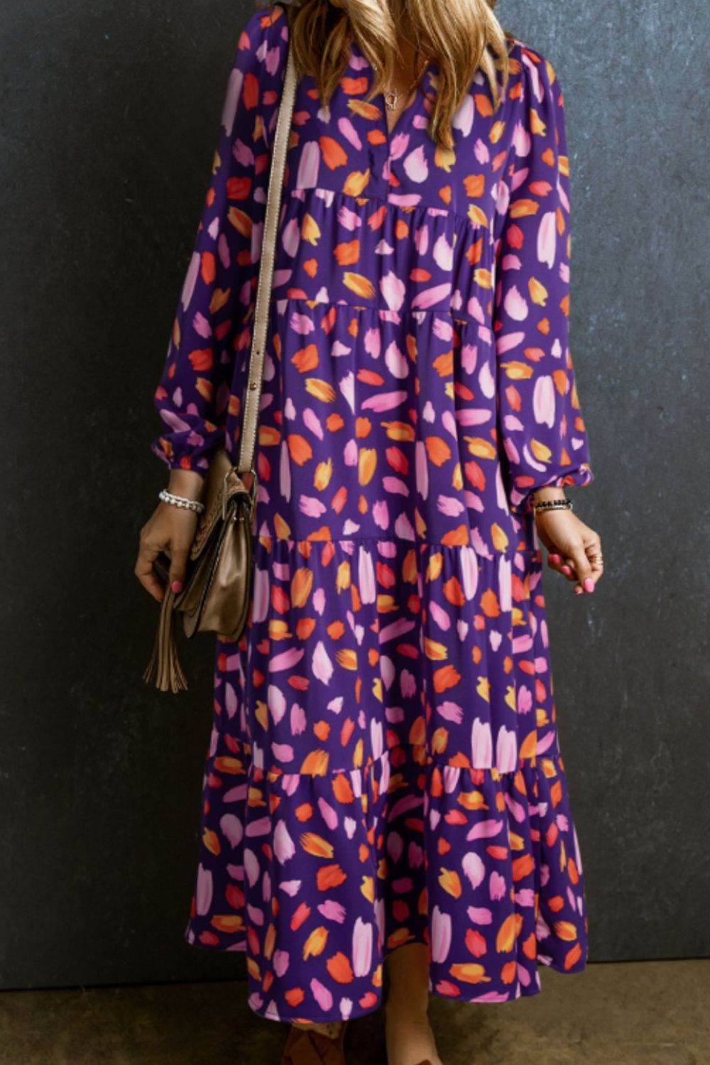 Printed Notched Long Sleeve Dress - Delanoir
