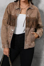 Fringe Trim Snap Down Denim Jacket - Delanoir