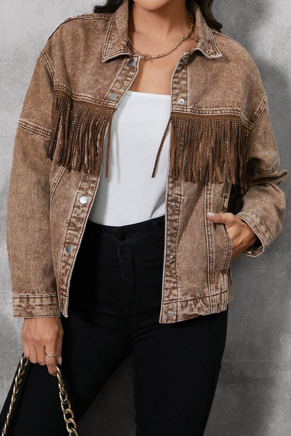 Fringe Trim Snap Down Denim Jacket - Delanoir